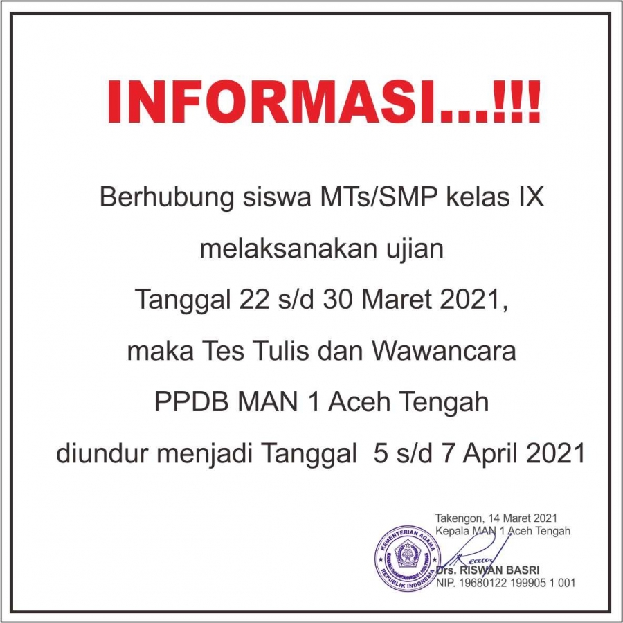PERUBAHAN JADWAL PPDB MAN 1 ACEH TENGAH TAHUN 2021